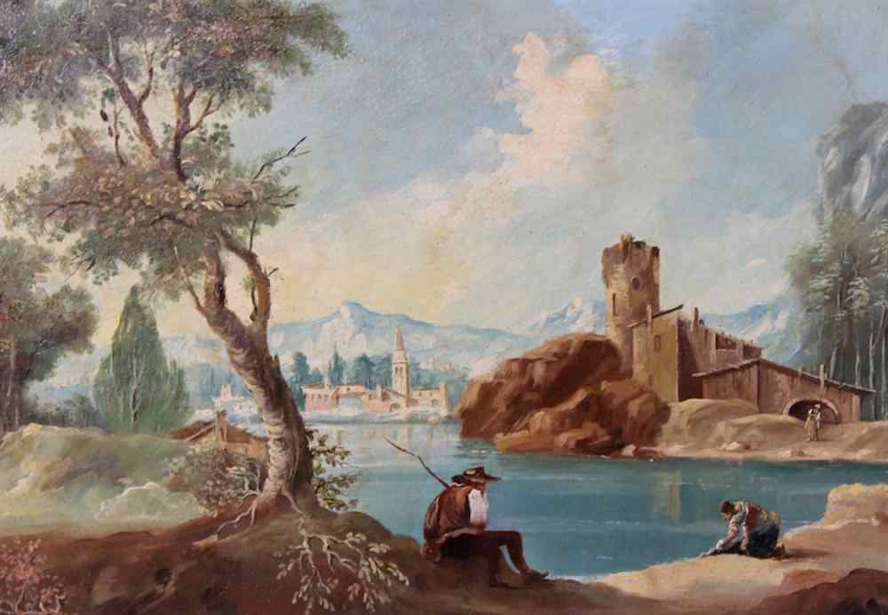 Appraisal: EUROPEAN SCHOOL ROMANTIC LANDSCAPE WITH TWO FIGURES Oil on canvas