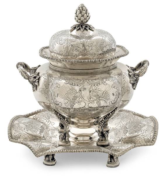 Appraisal: A Portuguese standard silver covered tureen on stand Operto post