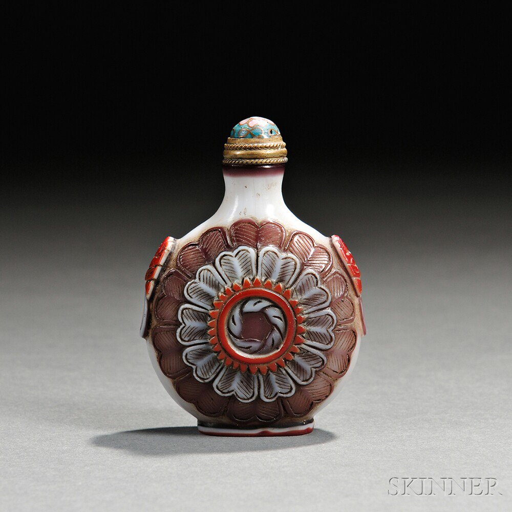 Appraisal: Triple Overlay Peking Glass Snuff Bottle China Qing dynasty flattened