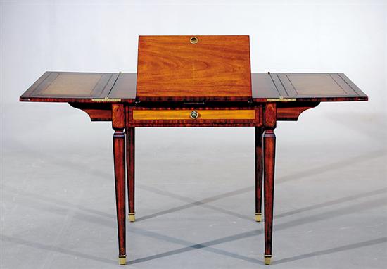 Appraisal: Metamorphic inlaid mahogany library table Maitland Smith two-piece square hinged