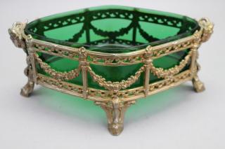 Appraisal: Mixed Metal Jewel Casket w Green Glass Inset Footed Mixed