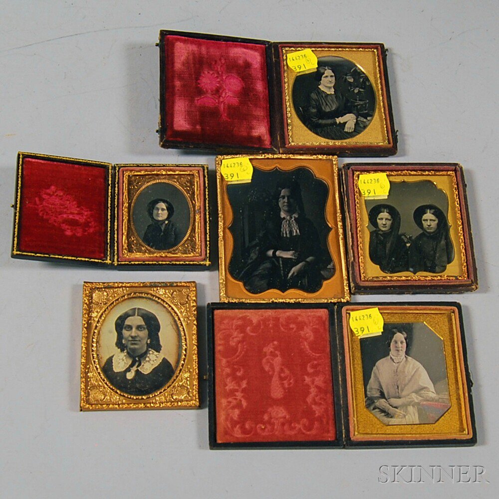 Appraisal: Six Daguerreotype Portraits of Young Women a quarter-plate portrait of