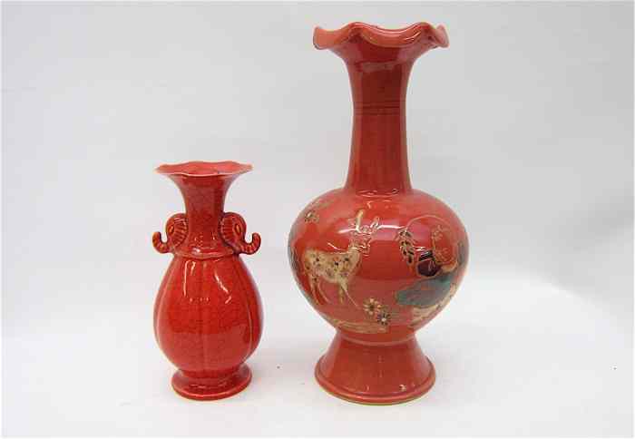 Appraisal: TWO CHINESE POTTERY VASES with orange glaze the first having