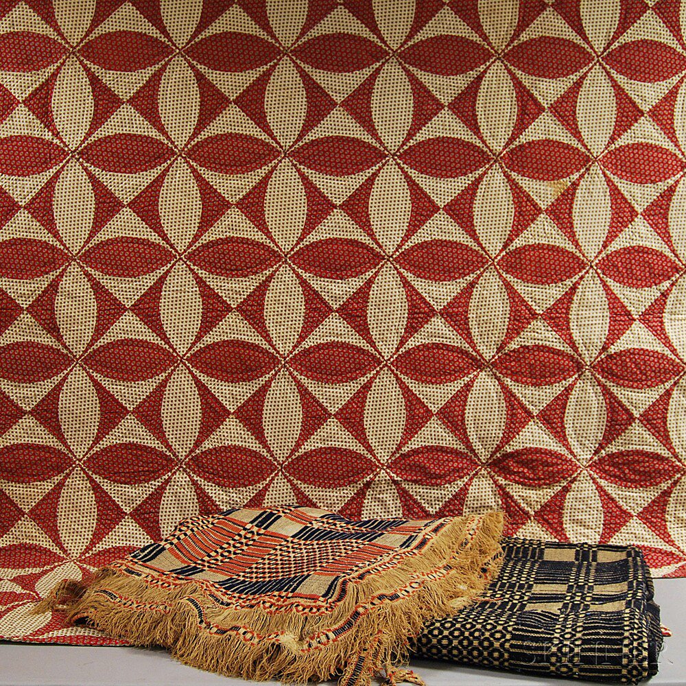 Appraisal: Two Wool Woven Coverlets and a Quilt an appliqued geometric