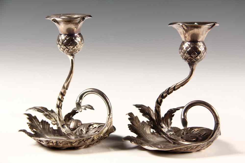 Appraisal: PAIR SCOTTISH STERLING CANDLEHOLDERS - Pair of Thistle Themed Sterling