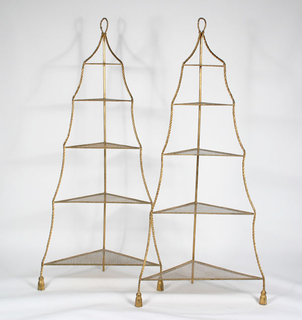 Appraisal: Pair Asian gilt metal corner etagere display racks with cross-hatch