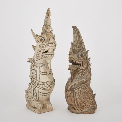 Appraisal: Two Sawankhalok Brown-and-Pearl Pottery Models of Mythical Serpent Naga th