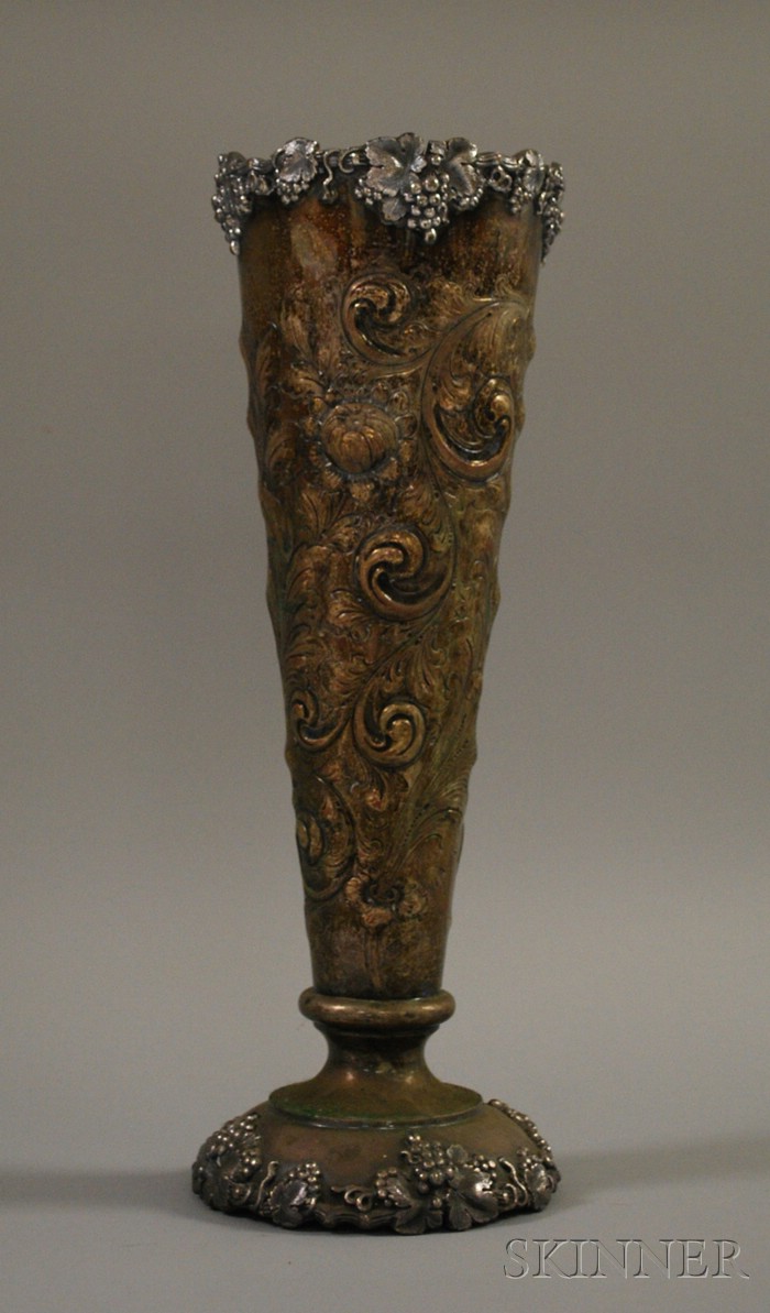 Appraisal: Large Silver Plated Trumpet Vase with grapevine and floral decorated