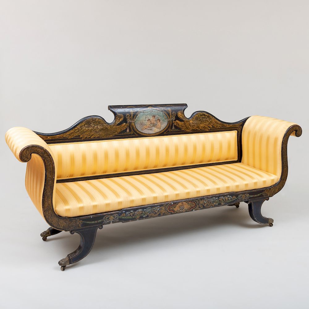 Appraisal: Late Federal Painted Settee The central tablet painted with putti