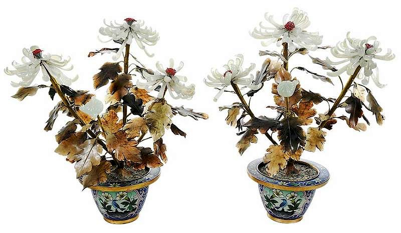 Appraisal: Pair of Jade Chrysanthemum Arrangements possibly th th century jade