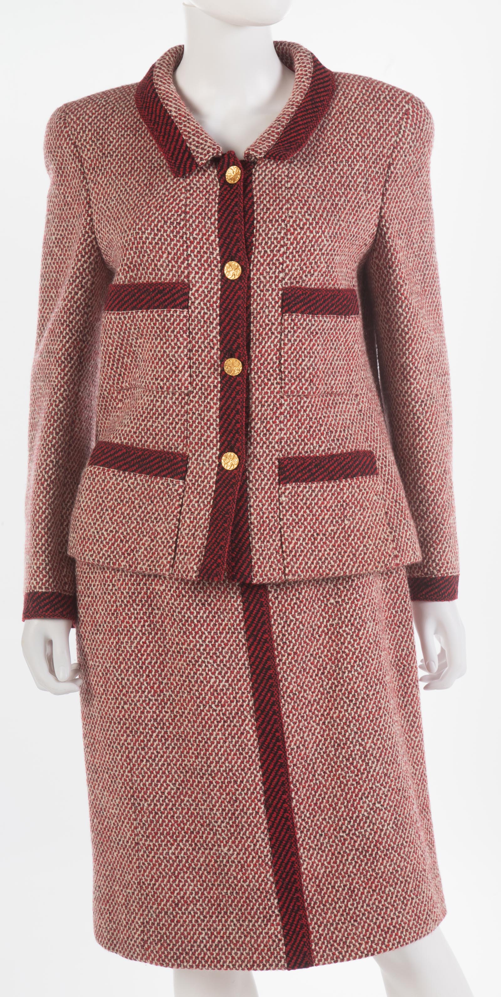 Appraisal: CHANEL TWO PIECE SUIT AUTUMN Cream red and black tweed