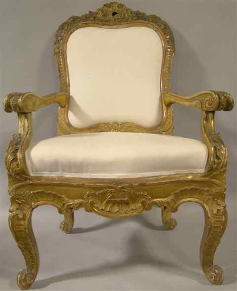 Appraisal: ITALIAN ROCOCO GILTWOOD ARMCHAIR th century the pierced foliate cresting