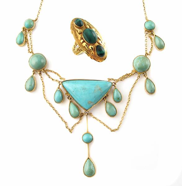 Appraisal: A turquoise and gold necklace and a malachite and gold