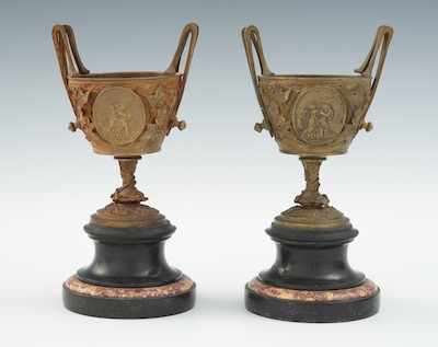 Appraisal: A Pair of Small Bronze Urns on Marble Bases The