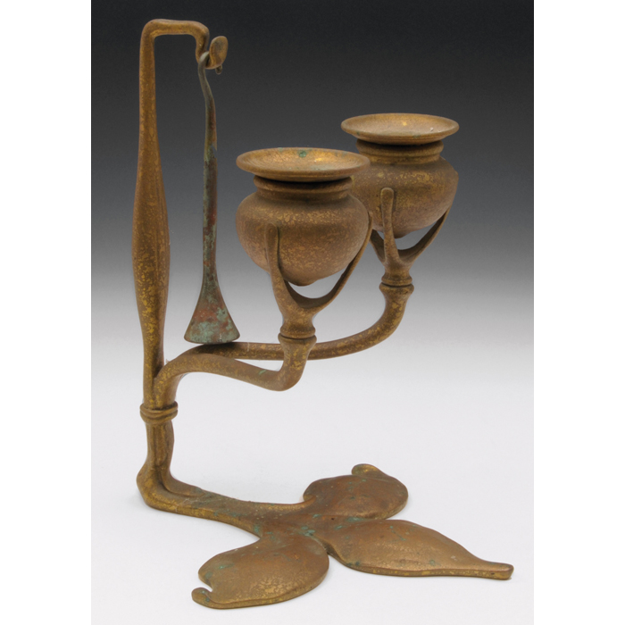 Appraisal: Tiffany Studios candlestick doubleholder form with a fleur-de-lis design inbronze