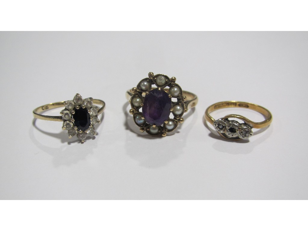 Appraisal: Three gold rings to include amethyst and pearl cluster sapphire