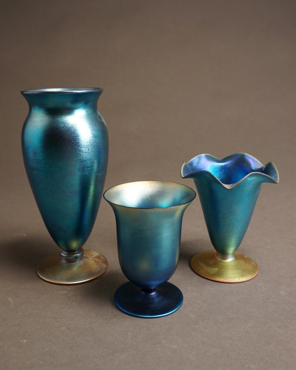 Appraisal: Three Blue Iridescent Glass Vase One Inscribed Durand H of