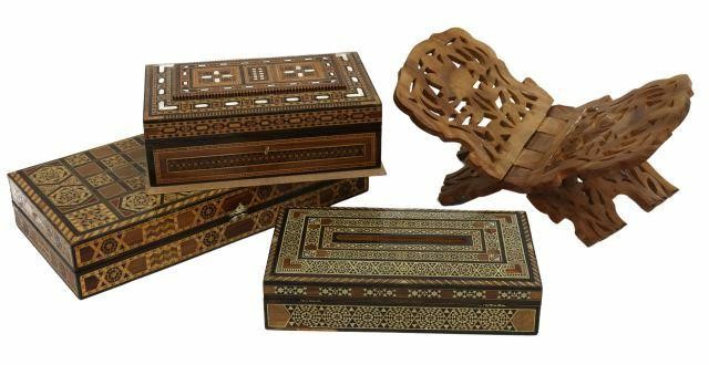 Appraisal: lot of Arabesque table items including carved wood folding Quran