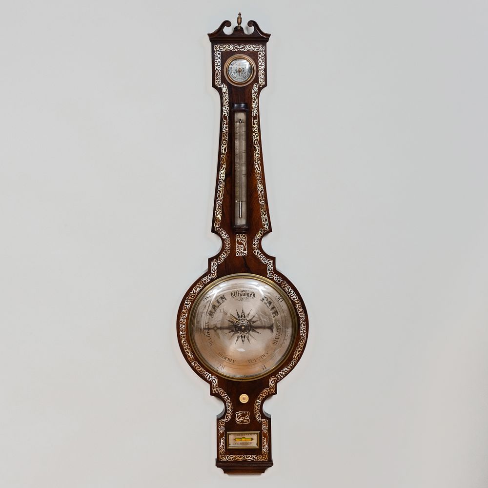 Appraisal: Victorian Mother-of-Pearl-Inlaid Rosewood Wheel Barometer Thermometer x in Condition Minor