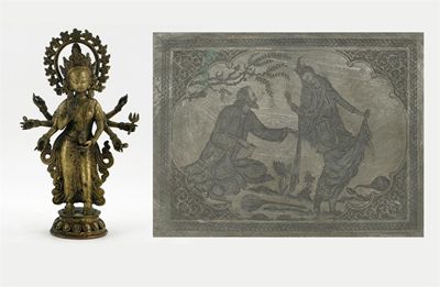 Appraisal: An Indian silvered copper panel depicting a man kneeling before