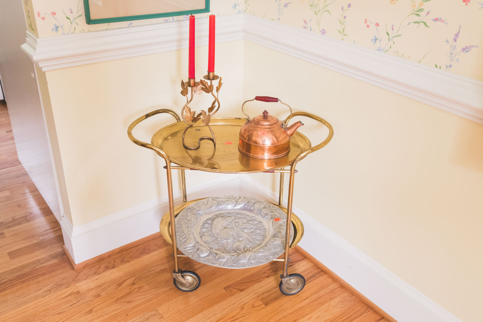 Appraisal: Brass serving cart together with copper tea kettle gilt metal