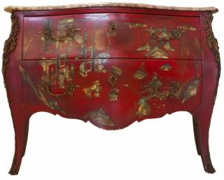 Appraisal: A French Pagoda Red Lacquered Bombe Commode Early th century