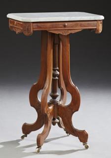 Appraisal: American Eastlake Carved Walnut Marble Top Lamp Ta American Eastlake