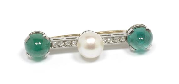 Appraisal: EMERALD AND NATURAL PEARL BROOCH ca Platinum and pink gold