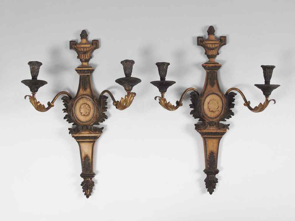 Appraisal: PAIR PALLADIO CARVED WOOD AND GILT METAL WALL SCONCES Carved