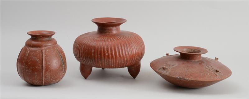 Appraisal: THREE PRE-COLUMBIAN STYLE POTTERY VESSELS The largest of squat spherical