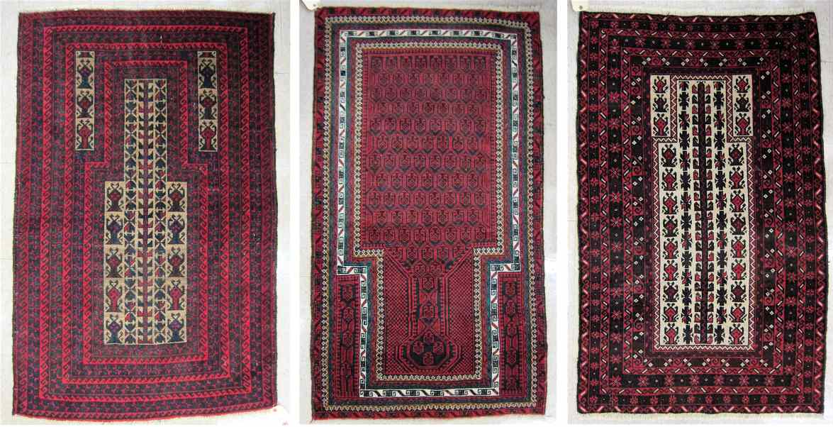 Appraisal: THREE AFGHANI TRIBAL PRAYER RUGS all hand knotted in shades