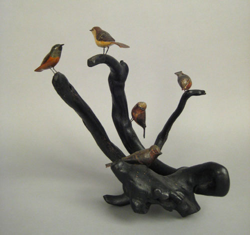 Appraisal: Root bird tree ca with five painted song birds h