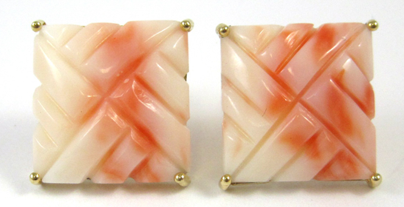 Appraisal: PAIR OF TWO-TONE PINK CORAL EARRINGS each k yellow gold