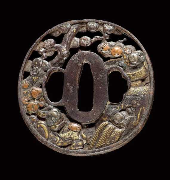 Appraisal: AN IRON TSUBA OF SHIBA ONKO SAVING HIS FRIEND Japan