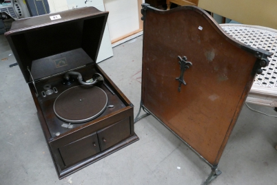 Appraisal: HMV oak cased gramophone and s copper fire screen