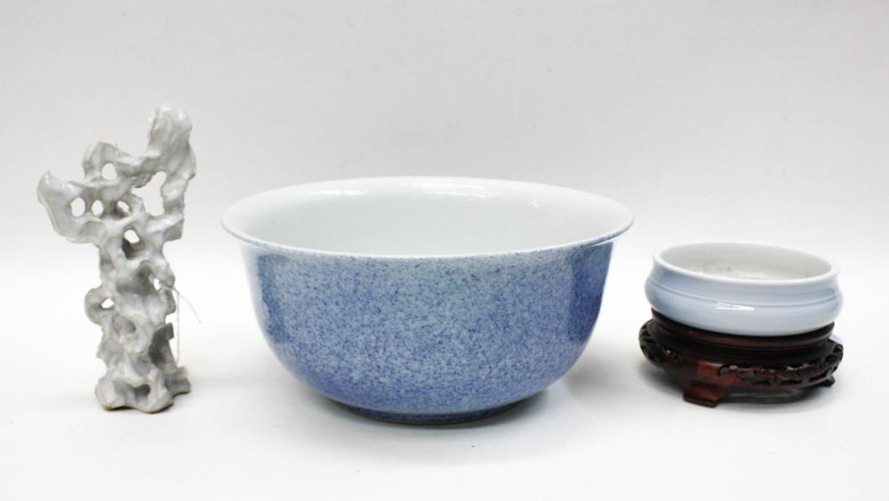 Appraisal: THREE CHINESE PORCELAINS D dish on wood stand blue underglaze