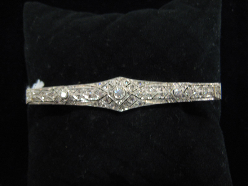 Appraisal: DIAMOND BAR PIN White gold beaded design over yellow gold