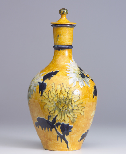 Appraisal: JOHN BENNETT Covered bottle painted with white pink and yellow