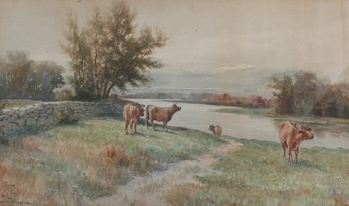 Appraisal: WHEATON Francis American - Pastoral Scene with Cows Watercolor sight