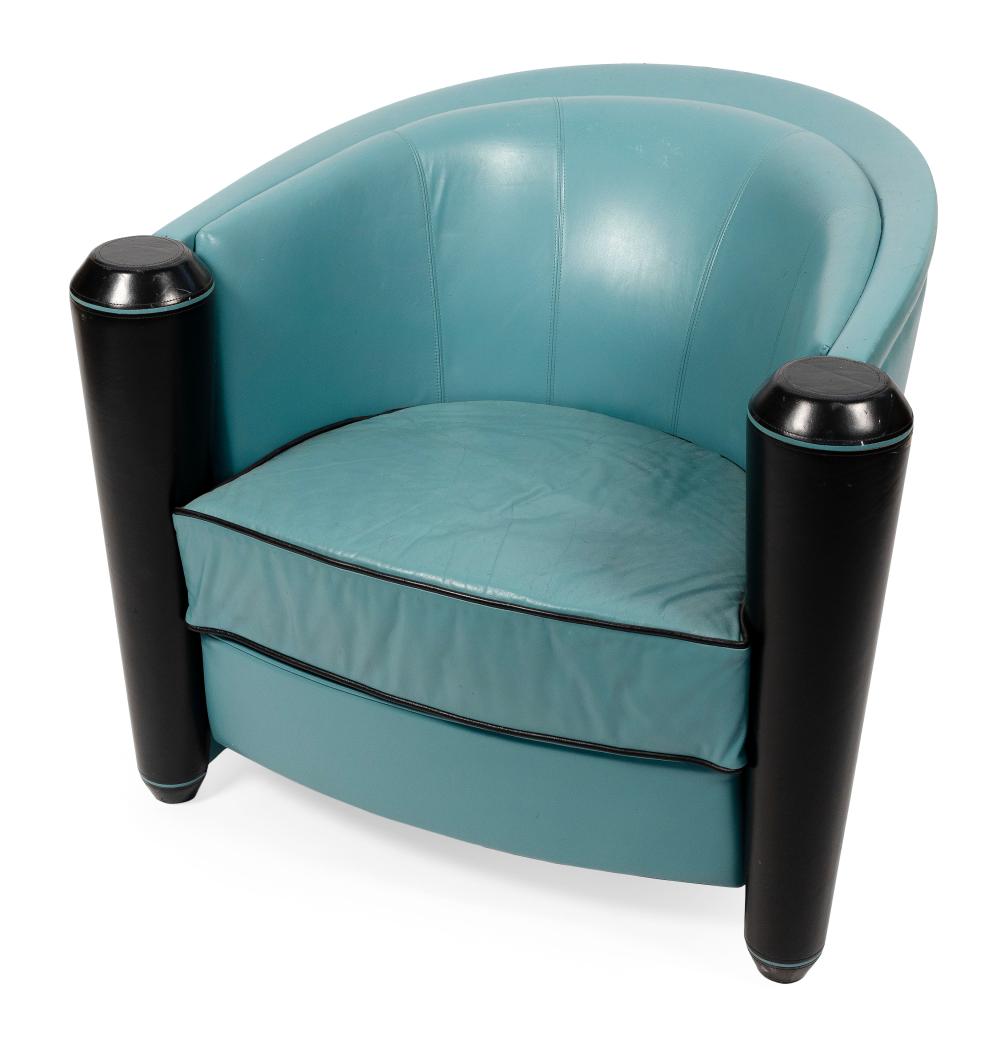 Appraisal: TEAL AND BLACK LEATHER UPHOLSTERED CLUB CHAIR S BACK HEIGHT