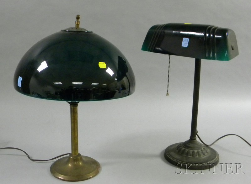 Appraisal: Brass Table Lamp and Desk Lamp with Green Cased Glass