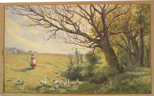 Appraisal: C Davidson - Watercolour of a girl feeding geese beside