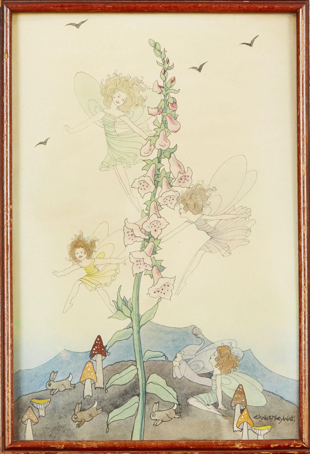 Appraisal: ELIZABETH MARY WATT - FOXGLOVE FAIRIES ink and watercolour signed