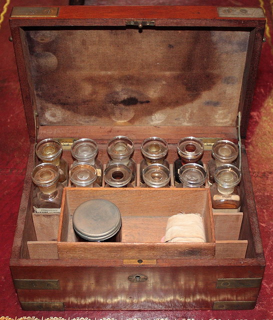 Appraisal: A VICTORIAN MAHOGANY CAMPAIGN APOTHECARY BOX with original fitted bottles