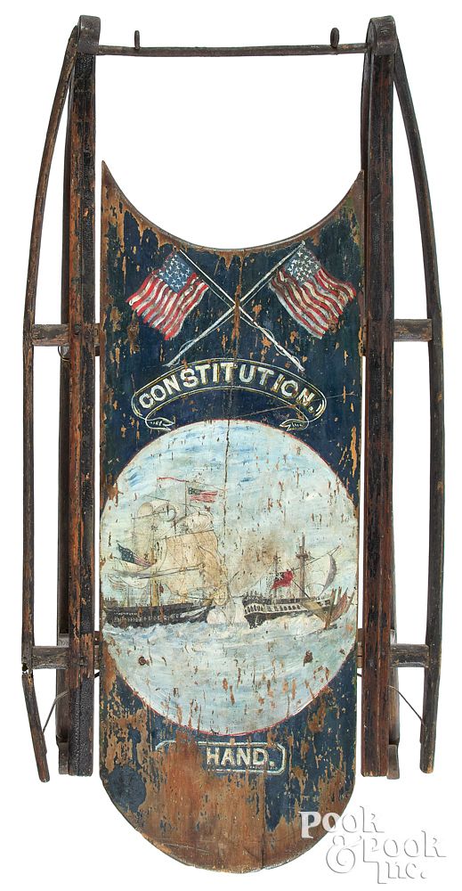 Appraisal: Painted sled decorated with the naval engagement Painted sled decorated