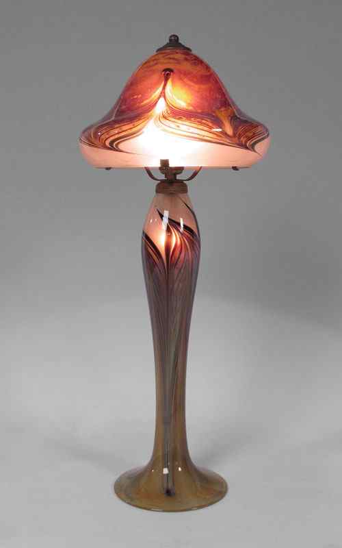 Appraisal: TALL ART GLASS PULLED FEATHER DESIGN LAMP Pulled feather design