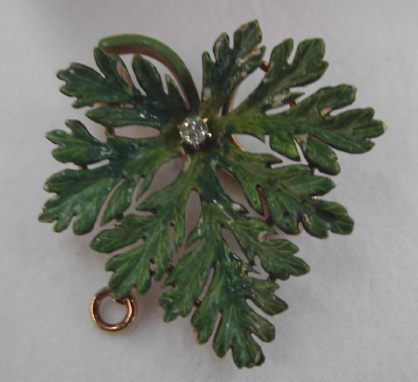 Appraisal: Fourteen-Karat Yellow Gold Enamel and Diamond Leaf Pin cast as