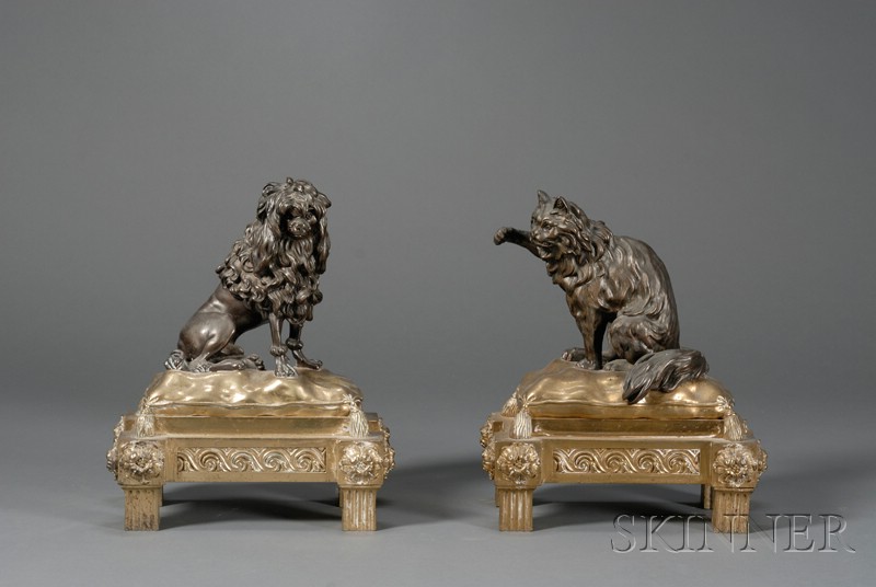 Appraisal: Pair of Louis XVI-style Gilt and Patinated Bronze Figural Chenet