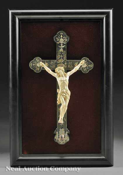 Appraisal: An Antique Finely Carved Ivory and Inlaid Mother-of-Pearl Crucifix the