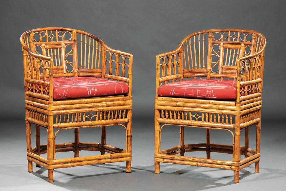 Appraisal: Pair of Bamboo Barrelback Armchairs probably Ralph Lauren with nautical